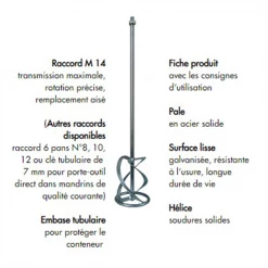 Turbines De Malaxage Et Accessoires Pour Malaxeur Pale De Malaxage à Hélice Pour Mortier Ø 120mm Raccord M14 Diam Industries - Longueur 600mm